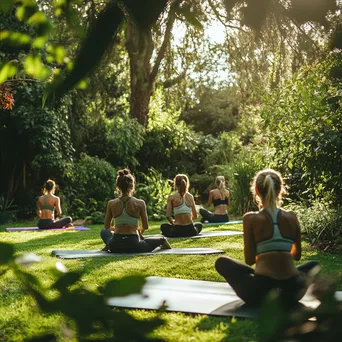 Participants performing Pilates exercises outdoors in a lush garden on sunny day. - Image 4