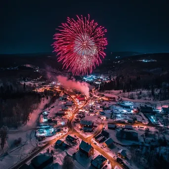 Aerial view of fireworks illuminating a small town