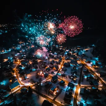 Aerial view of fireworks illuminating a small town