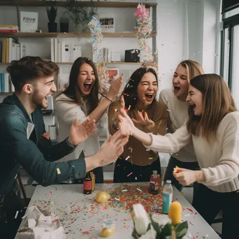 Team members celebrating with confetti in a lively office setting - Image 1