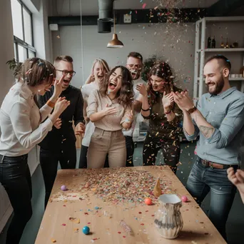 Team members celebrating with confetti in a lively office setting - Image 3