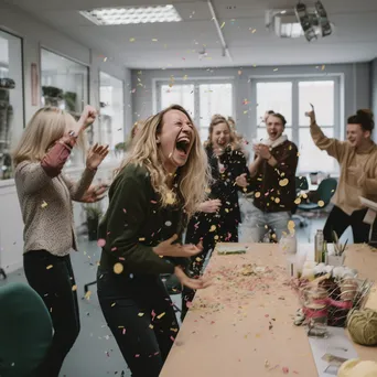 Team members celebrating with confetti in a lively office setting - Image 4