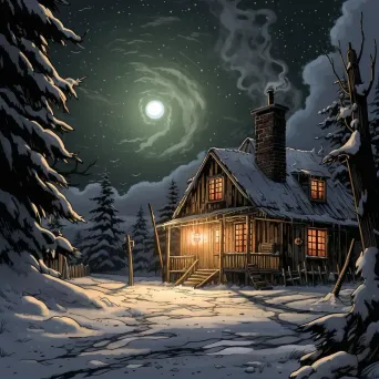 Snowy evening in rural cabin with warm light and chimney smoke - Image 1