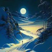 Snowy landscape under full moonlight with long blue shadows - Image 4