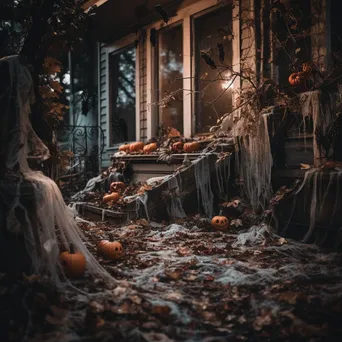 Haunted entryway with cobwebs and skeletons under fairy lights - Image 2