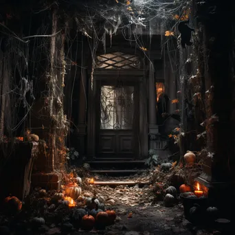 Haunted entryway with cobwebs and skeletons under fairy lights - Image 3