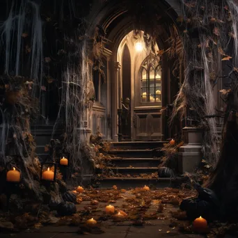 Haunted entryway with cobwebs and skeletons under fairy lights - Image 4