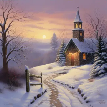 Serene Christian chapel in a snowy landscape with bell tower and candle-lit windows - Image 3