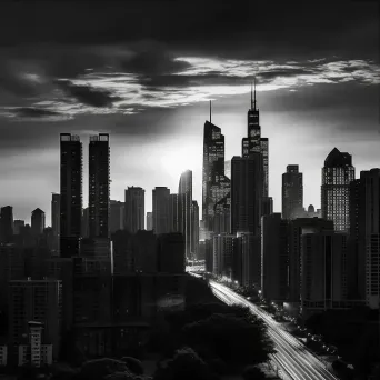 Black and white urban skyline silhouette at dusk with skyscrapers - Image 3