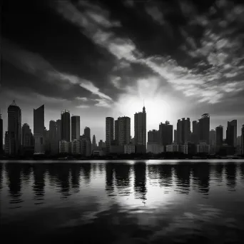 Black and white urban skyline silhouette at dusk with skyscrapers - Image 4