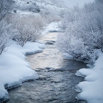 Crystal-clear mountain stream winding through snowy landscape with frost-covered branches. - Image 1