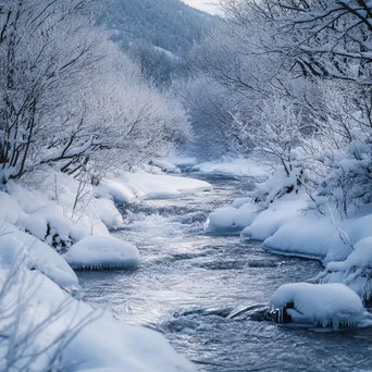 Crystal-clear mountain stream winding through snowy landscape with frost-covered branches. - Image 4