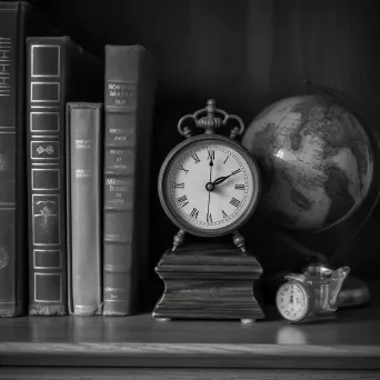 Black and white vintage clock on dusty bookshelf - Image 2