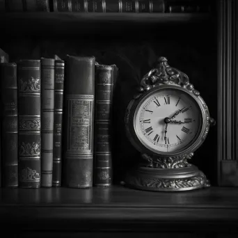 Black and white vintage clock on dusty bookshelf - Image 3