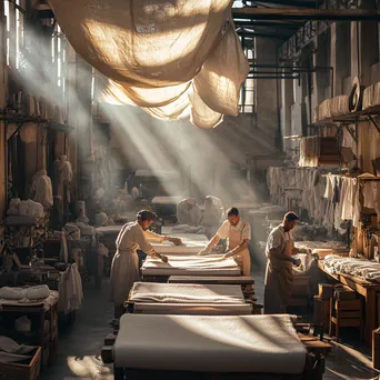 Artisans working in a lively linen production workshop. - Image 1