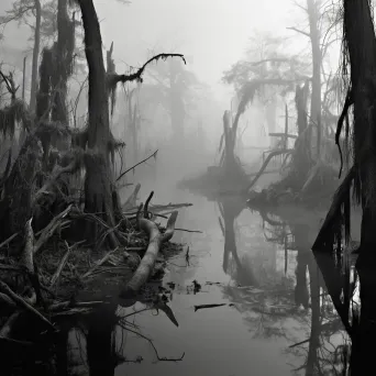 Misty swamp with twisted trees and lurking crocodile in murky waters - Image 2