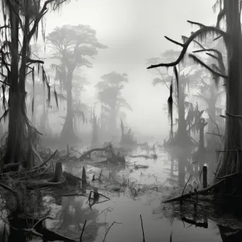 Misty swamp with twisted trees and lurking crocodile in murky waters - Image 3