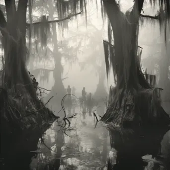 Misty swamp with twisted trees and lurking crocodile in murky waters - Image 4