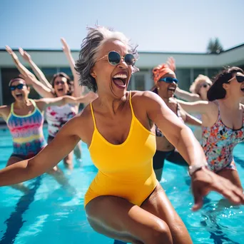 Group of women in a pool practicing synchronized water aerobics - Image 1