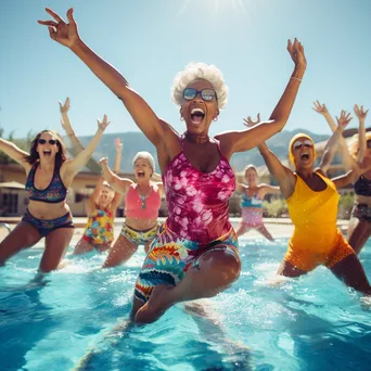 Group of women in a pool practicing synchronized water aerobics - Image 2