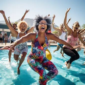 Group of women in a pool practicing synchronized water aerobics - Image 4