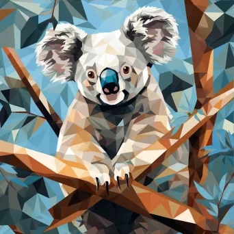 Geometric representation of a koala on eucalyptus tree in low poly style - Image 3