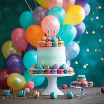 A creative birthday dessert table adorned with colorful balloons and treats. - Image 1