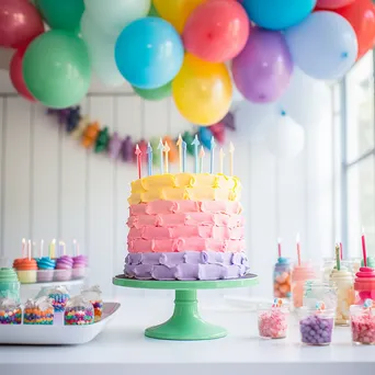 A creative birthday dessert table adorned with colorful balloons and treats. - Image 2