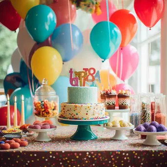 A creative birthday dessert table adorned with colorful balloons and treats. - Image 3