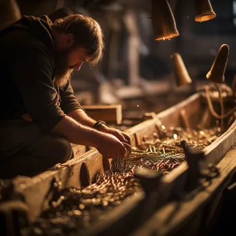 Close-up detail of wooden ribs being fitted in a traditional boat - Image 1