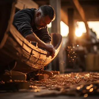 Close-up detail of wooden ribs being fitted in a traditional boat - Image 2