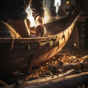 Close-up detail of wooden ribs being fitted in a traditional boat - Image 3