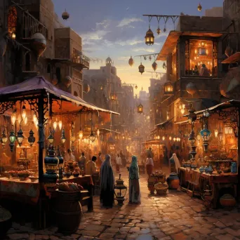 Pastel shaded painting of a Moroccan spice souk at dusk - Image 1