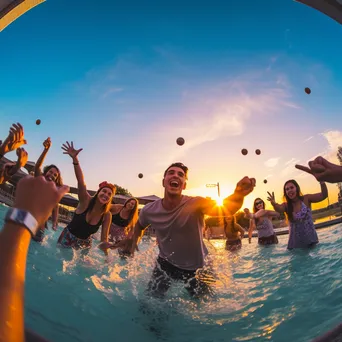 Group of friends playing in a pool during sunset - Image 1