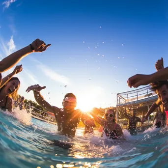 Group of friends playing in a pool during sunset - Image 2