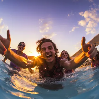 Group of friends playing in a pool during sunset - Image 3