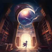 Image of a magical library with books flying off shelves offering portals to different universes - Image 1