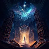 Image of a magical library with books flying off shelves offering portals to different universes - Image 4