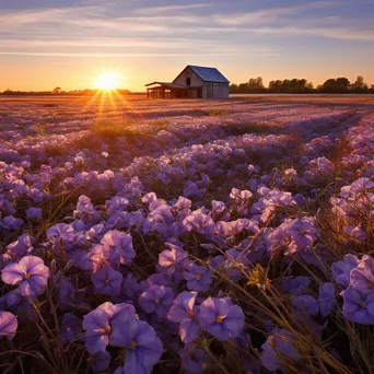 Scenic flax field illuminated by sunset, barn in the background. - Image 3