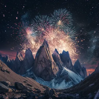 Fireworks lighting up the sky above rugged mountain peaks on New Year