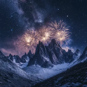 Fireworks lighting up the sky above rugged mountain peaks on New Year