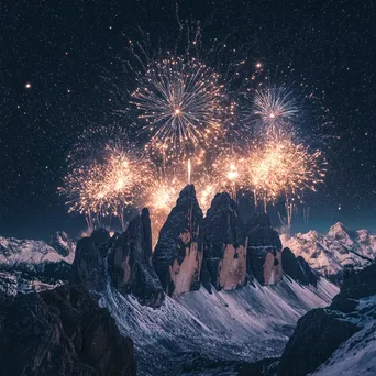 Fireworks lighting up the sky above rugged mountain peaks on New Year