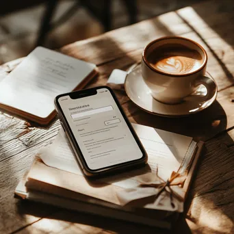 Flat lay of a smartphone with a newsletter signup alert, coffee, and stationery - Image 1