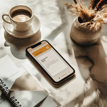 Flat lay of a smartphone with a newsletter signup alert, coffee, and stationery - Image 4