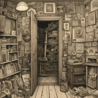 Fascinating illustration of a hidden room behind a bookcase - Image 2