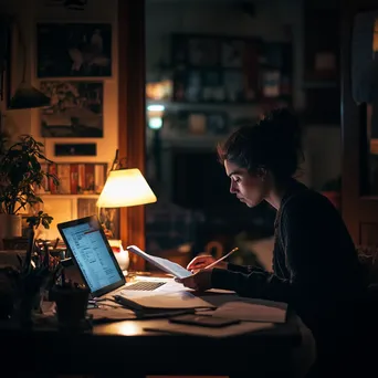 A freelancer working late at night with a laptop and paperwork in a home office. - Image 1