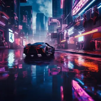 Cyberpunk cityscape with neon lights and flying cars - Image 1