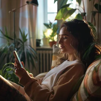 Young woman using smartphone during a virtual doctor appointment in a cozy setting. - Image 1