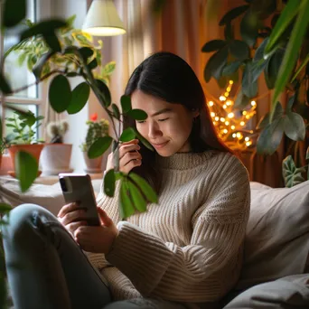 Young woman using smartphone during a virtual doctor appointment in a cozy setting. - Image 4