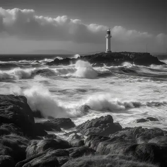 Black and white old lighthouse on rocky coast with crashing waves - Image 1